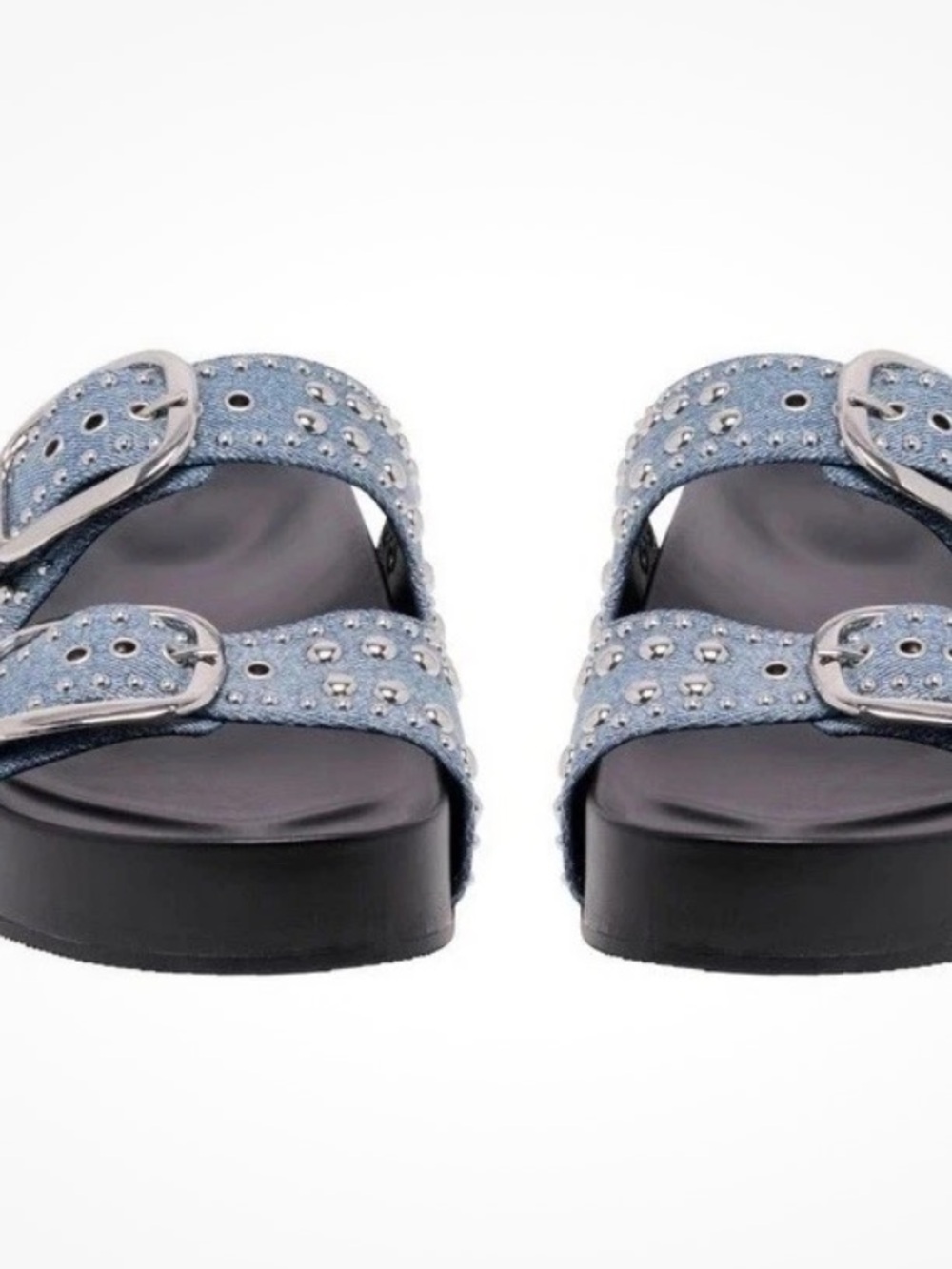 Nine West Light Blue Studded Double-Buckle Wedge Sandals